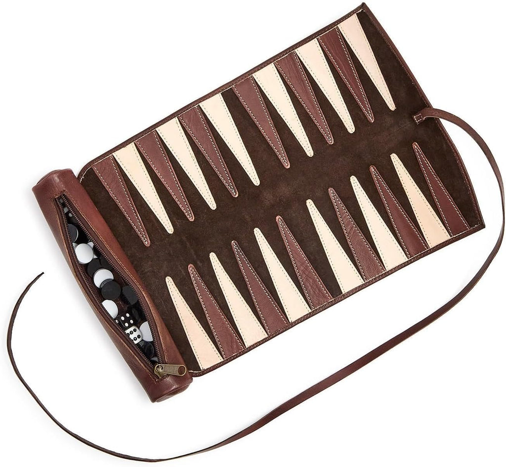 Roll-Up Portable Genuine Leather Backgammon Game Set, 12-Inch, Chestnut