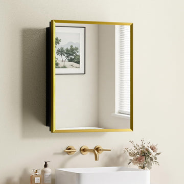 14" x 18" Medicine Cabinet, Brushed Gold Aluminum Alloy Framed Mirror&Tempered Glass, Recessed or Surface