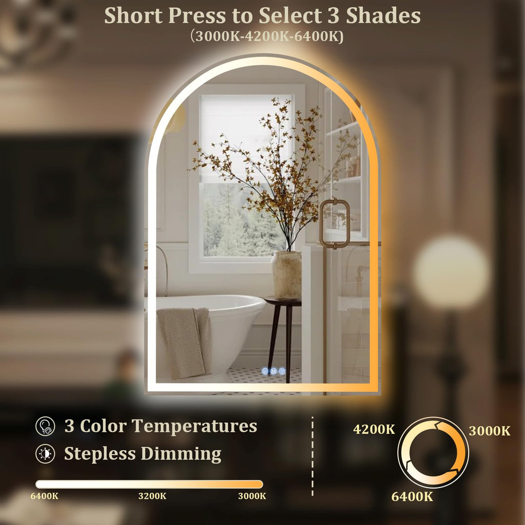 48x30 LED Arch Bathroom Mirror with Lights, Backlit + Front Lit