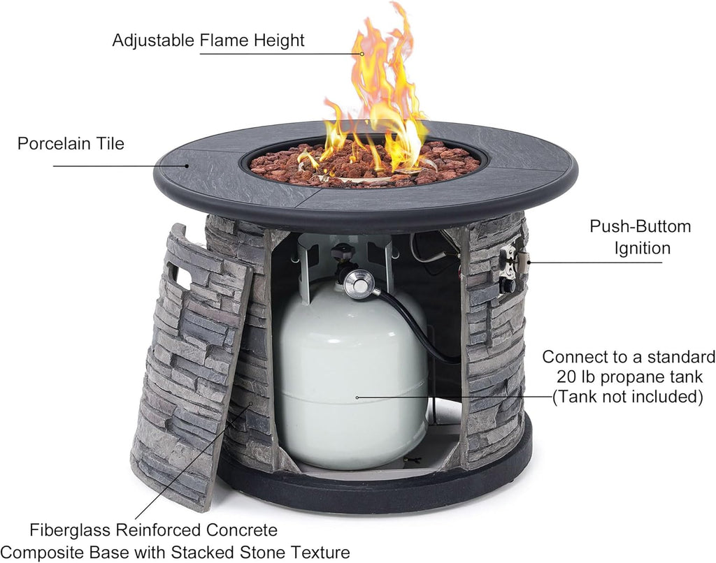 32-Inch Outdoor Porcelain Tile Gas Fire Table, 50,000 BTU Round Propane Fire Pit Table, Concrete Composite Firepit Base with Lid and Rocks
