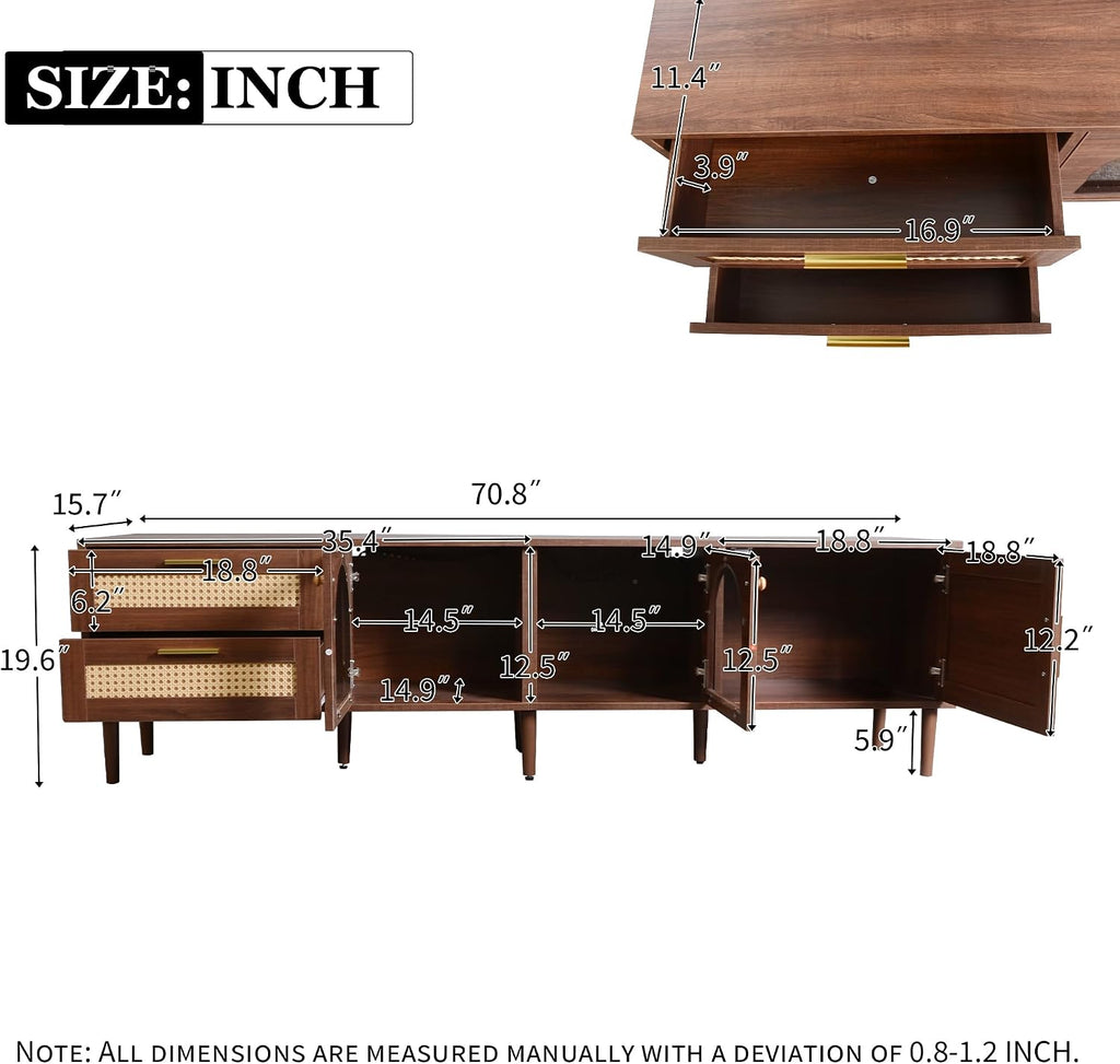 Rattan TV Stand with LED Lights, 70" Entertainment Center with 3 Cabinets & 2 Drawers Media Console Table for TVs Up
