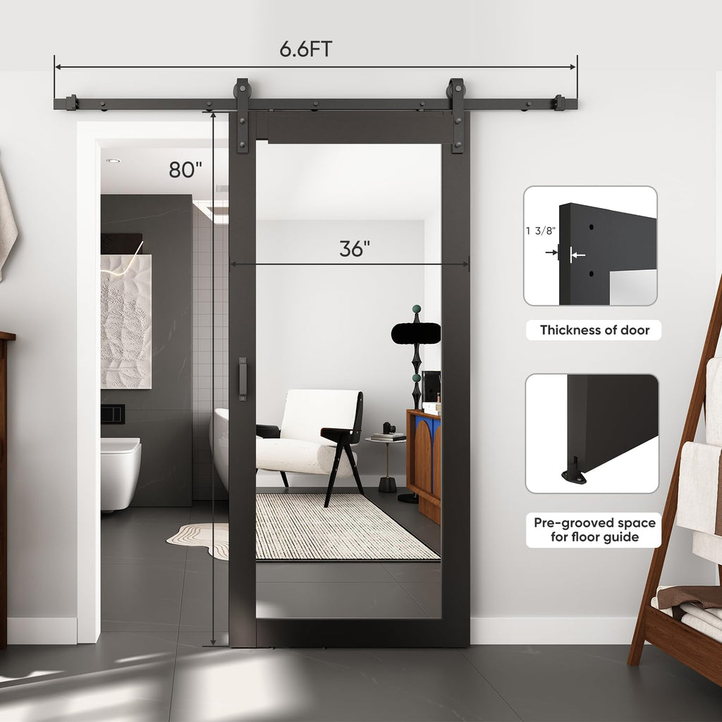 36in x 80in Mirror Barn Door with 6.6FT Hardware Kit, Black