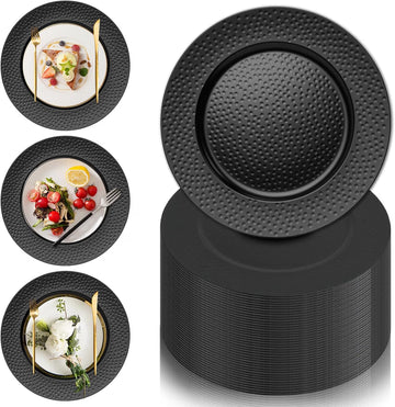 12 Pcs Hammered Black Charger Plates, 13" Black Chargers for Dinner Plates, Plastic Reusable Round Charger Plate for