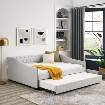 Daybed with Trundle, Modern Linen Upholstered Full Size Day Bed Button-Tufted Sofa Daybed Frame and A Trundle, No Box
