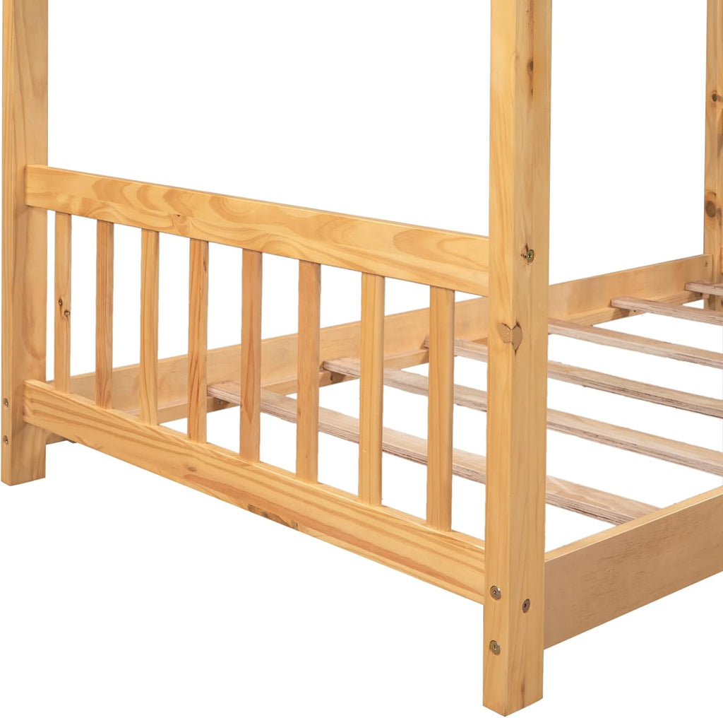 Floor House Beds Wood Montessori Bed Frame Twin Size Platform Bed with Headboard & Footboard for Kids Boys Girls