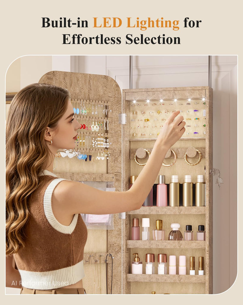 6 LEDs Mirror Jewelry Cabinet Door Hanging, 42.5", Lockable, Brown