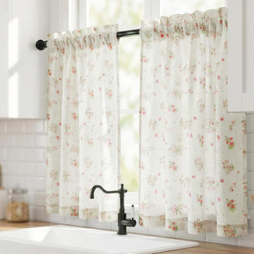 Cottagecore Pink Kitchen Curtains - Faux Linen Cafe Curtains 24 Inch Length - Vintage Rose Short Curtains for Small