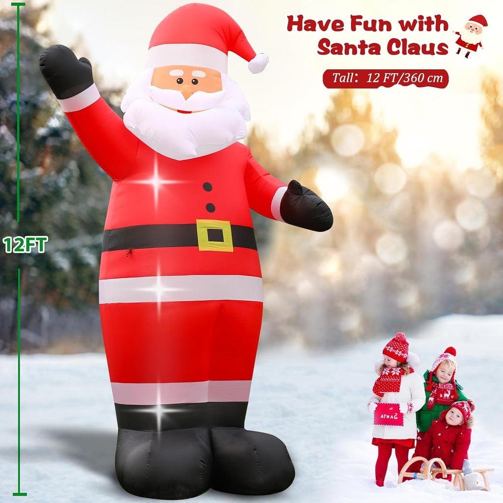 12 FT Giant Christmas Inflatable Santa Claus Outdoor Decoration, Adorable Blow up Santa Tilting His Head & Waving