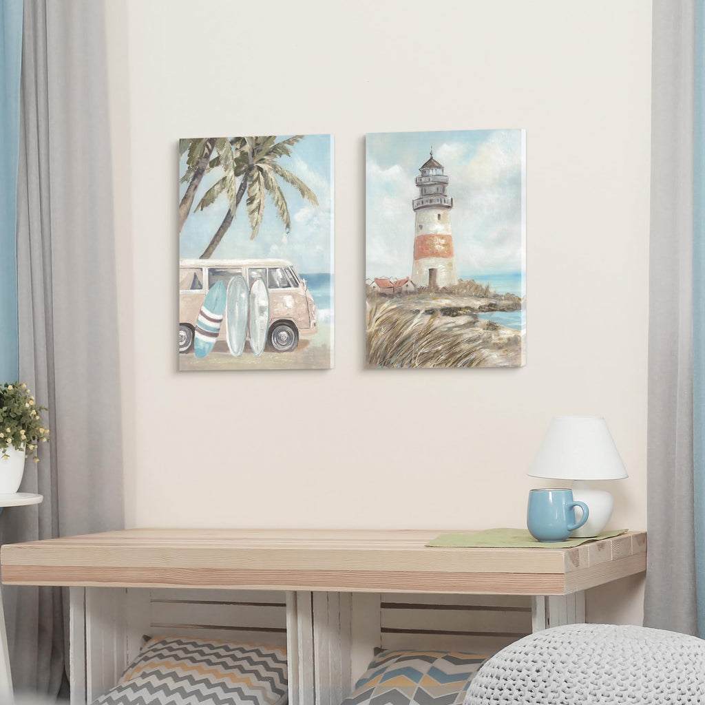 Beach Coastal Lighthouse Canvas Wall Art 16"x24"x2 PCS