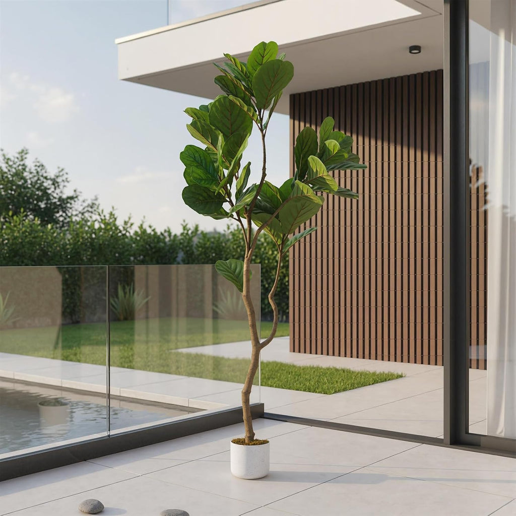 5FT Artificial Fiddle Leaf Fig Tree in White Planter, 61" Tall Fake Plants Ficus Tree with Fake Moss and Trunk