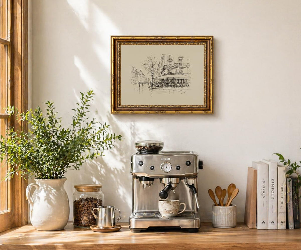 Vintage Paris Cafe Wall Gold Frame, European Cityscape Sketch Print