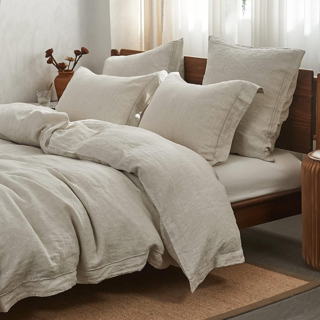 100% French Flax Linen Duvet Cover Set with Embroidery Washed - 3 Pieces (1 Duvet Cover with 2 Pillow Shams) with Button Closure Soft Breathable Farmhouse - Linen, King Size