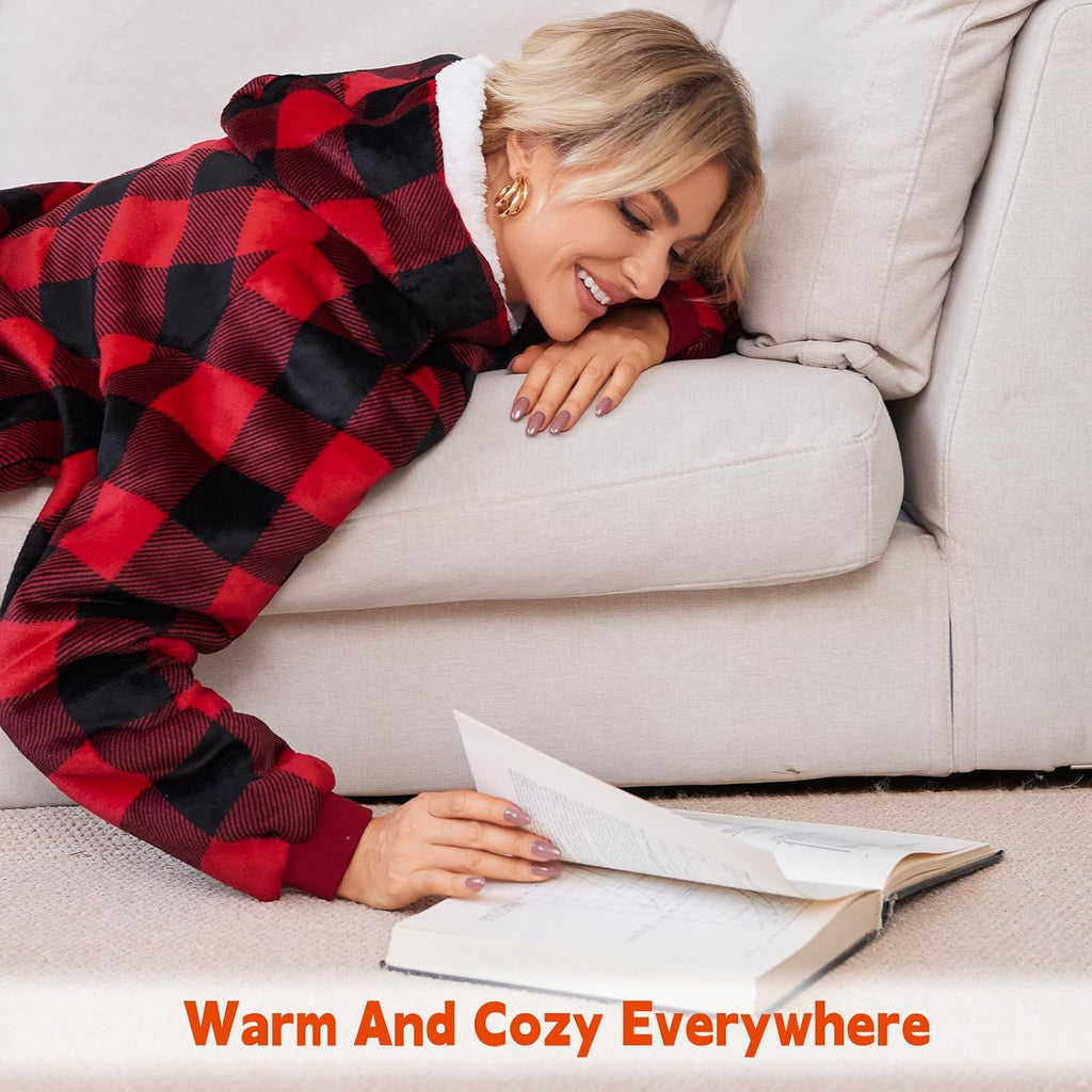 5FT Oversized Wearable Blanket Hoodie Flannel Sherpa Fleece Warm Cozy Christmas Wrap Throw Gifts for Adult