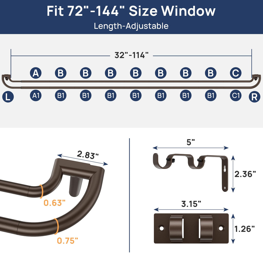 72-144" Double Curtain Rod for Blackout, Quick Release, Bronze