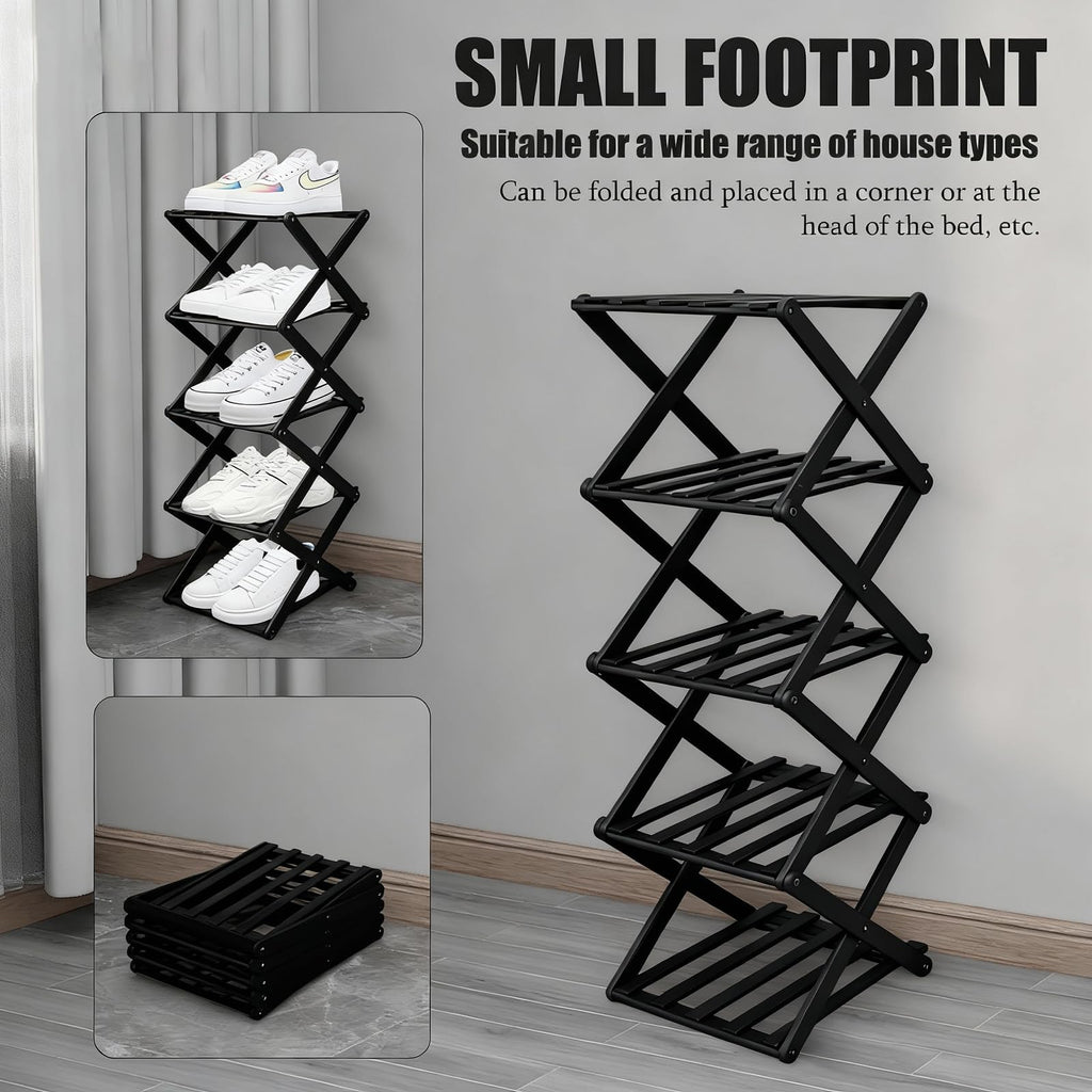 Vertical Black Shoe Rack Small, 5 Tier Portable Folding Shoe Storage Rack, Without Installation Free Standing Shoe