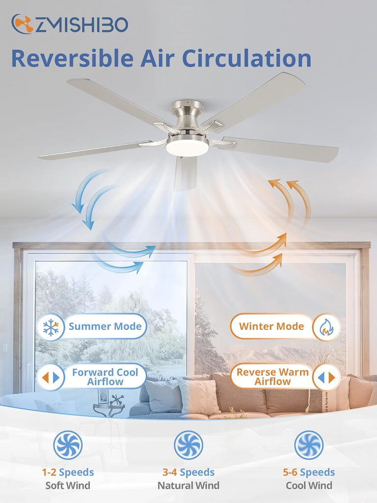60 Inch Ceiling Fan with Light, App&Remote Control, Flush Mount Low Profile, Dimmable 20W LED Light, Quiet Reversible Motor for Bedroom, Living Room, Apartment, Nickel A101-B0F8B7DBTJ