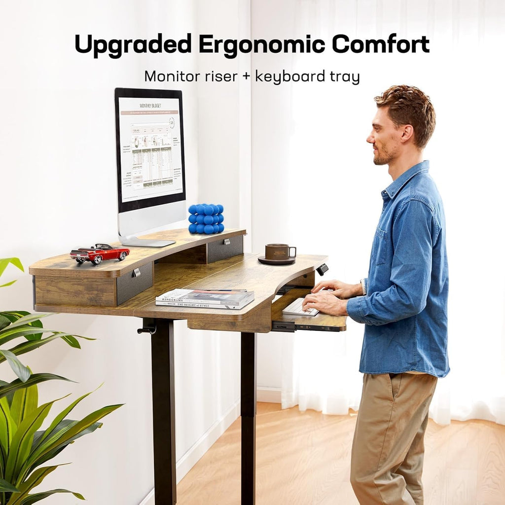 55" x 26" Electric Standing Desk, 2 Drawers & Keyboard Tray, Vintage | Ergonomic Desk with 2 Drawers: 27.9"-46.8"