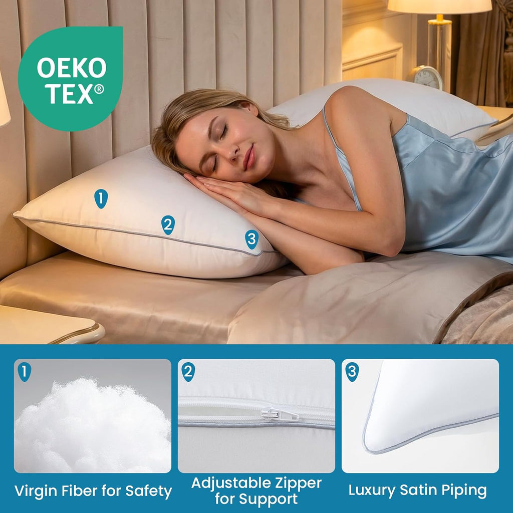 Soft Queen Pillows Set of 2 - Fluffy Bed Pillows for Sleeping, Adjustable Down Alternative Fill, Zippered Plush