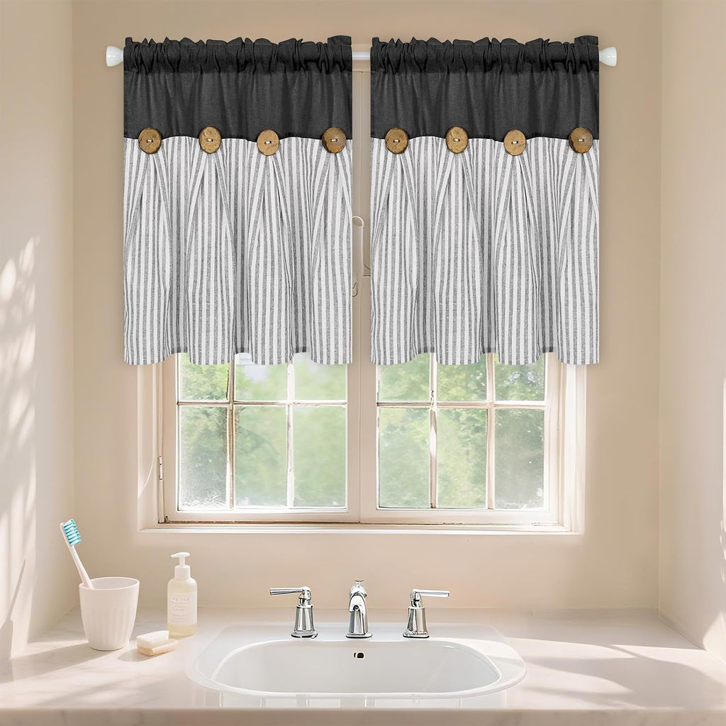 Cotton Linen Kitchen Valance Curtains, Boho Rustic Button Linen Valances for Windows Farmhouse, Black with Grey