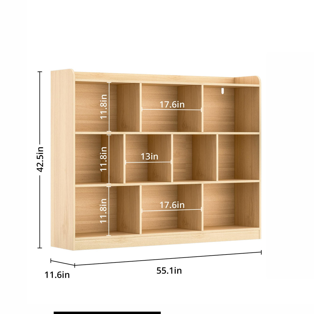 Oak Bookshelf, Wood Bookcase with 3 Tier Open Shelves, 10-Cube Minimalist Storage Shelf, 55.1" W x 42.5" H