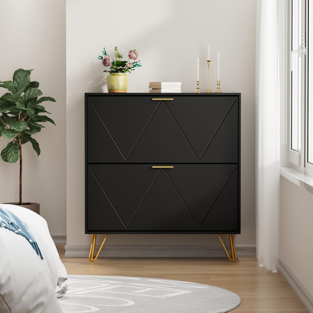 Shoe Cabinet Slim, Black Shoe Storage Cabinet with 2 Flip Drawers, Narrow Shoe Rack Cabinet, Freestanding Shoe