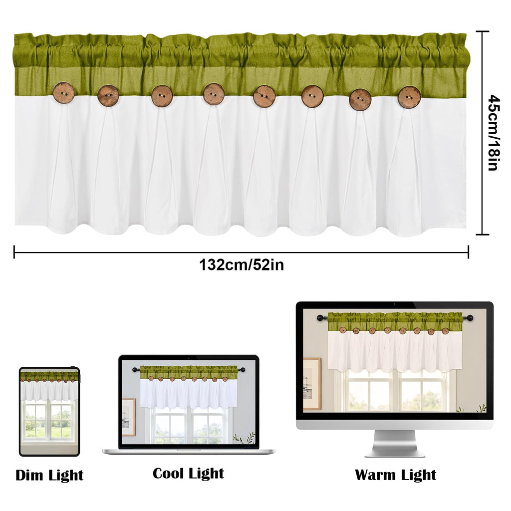 Farmhouse Valance Curtains 52x18, Cotton Linen, Fresh Green & White