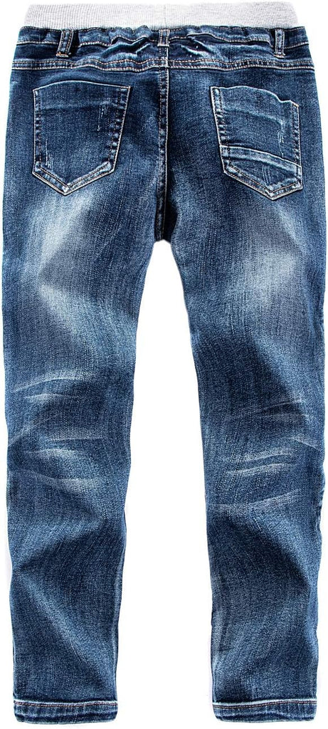 Boys' Denim Jeans, Ribbed Elastic Waist Cotton Pants for Kids