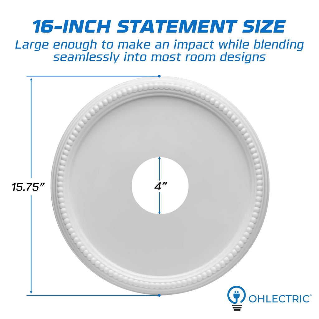 Ceiling Medallion (15.75′′ × 4′′ Center Hole) White Molded Plastic Beaded Medallion 15‐3/4′′ OD × 4′′ ID × 1′′ P.