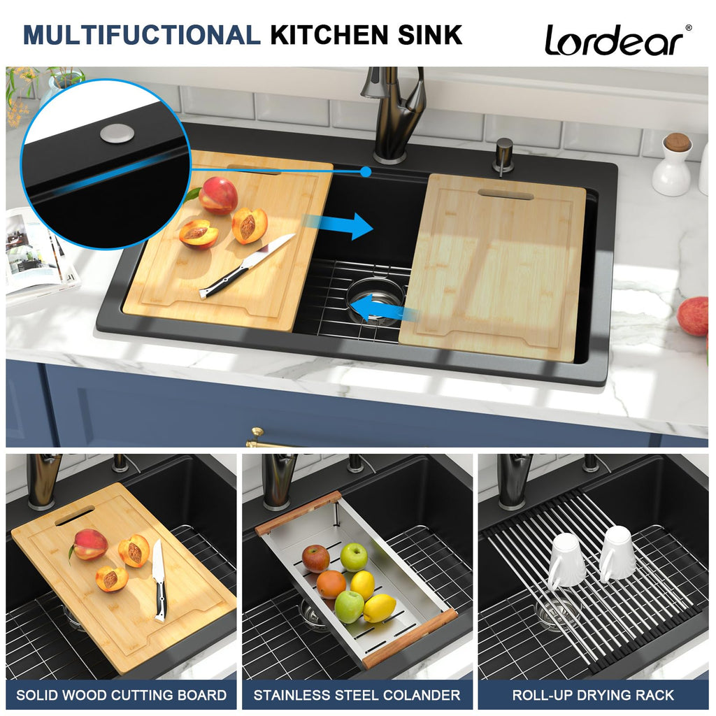 33 Granite Composite Drop In Black 33x22 Workstation Topmount Sink Matte Black Quartz Above Counter Single Bowl Sink