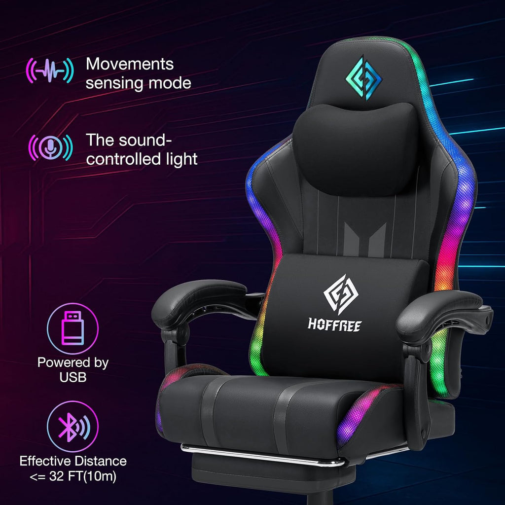 RGB Gaming Chair with Speakers Music Rhythm LED Lights Computer Chairs-Grey | Ergonomic Massage Game Chair with