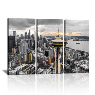 3 Piece Washington City Downtown Canvas Wall Decor Seattle Cityscape Skyline Pictures Space Needle Post Print Black