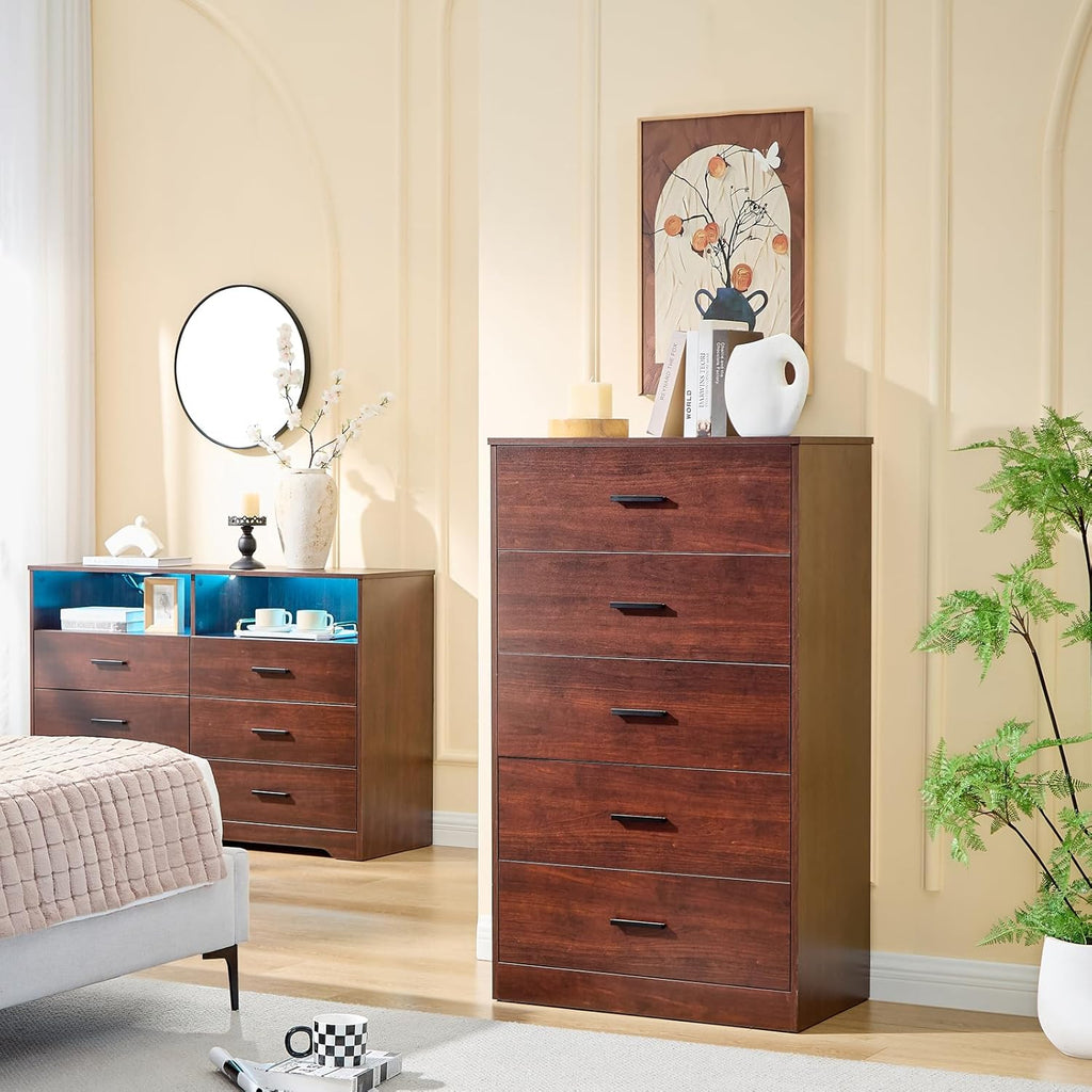 Dark Cherry Dresser , 5 Drawer Dressers & Chests of Drawers, Modern Wood Dresser, 47 Inches Tall Chest of Drawers