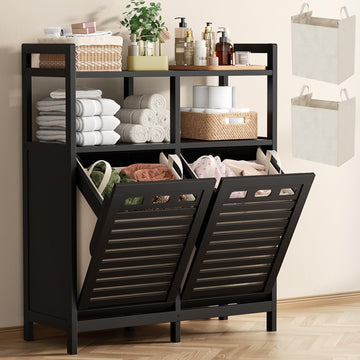 Bamboo Double Tilt Out Laundry Hamper Cabinet with 2 Bags, Black