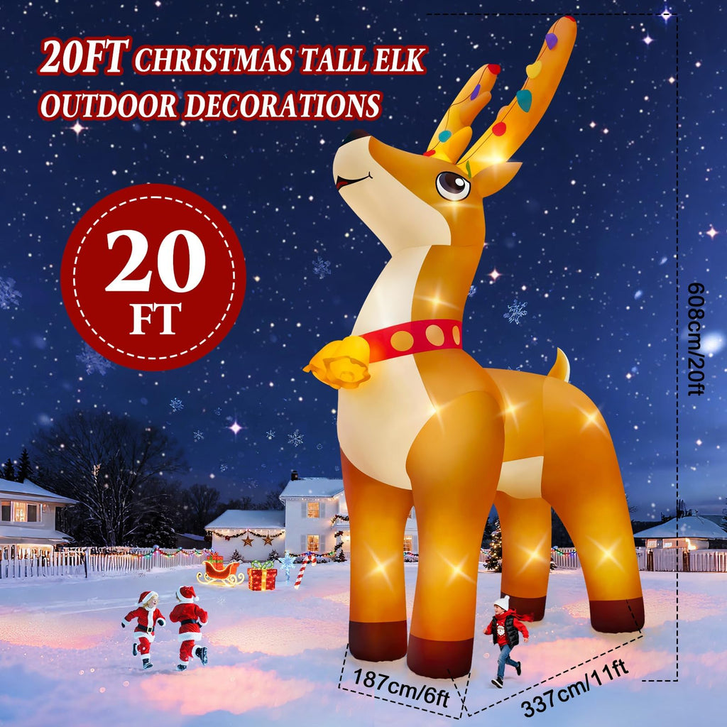 20FT Christmas Inflatable Elk with LED Light, Giant Xmas Elk with Bell Inflatables Christmas Blow Up Yard Outdoor