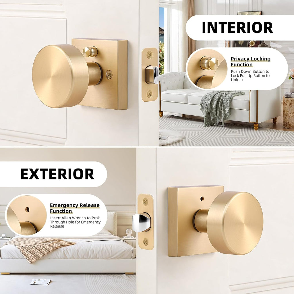 Satin Brass Door Knob Interior Privacy Door Knobs with Lock, Brushed Brass Door Knobs Modern Square Gold Door Handles