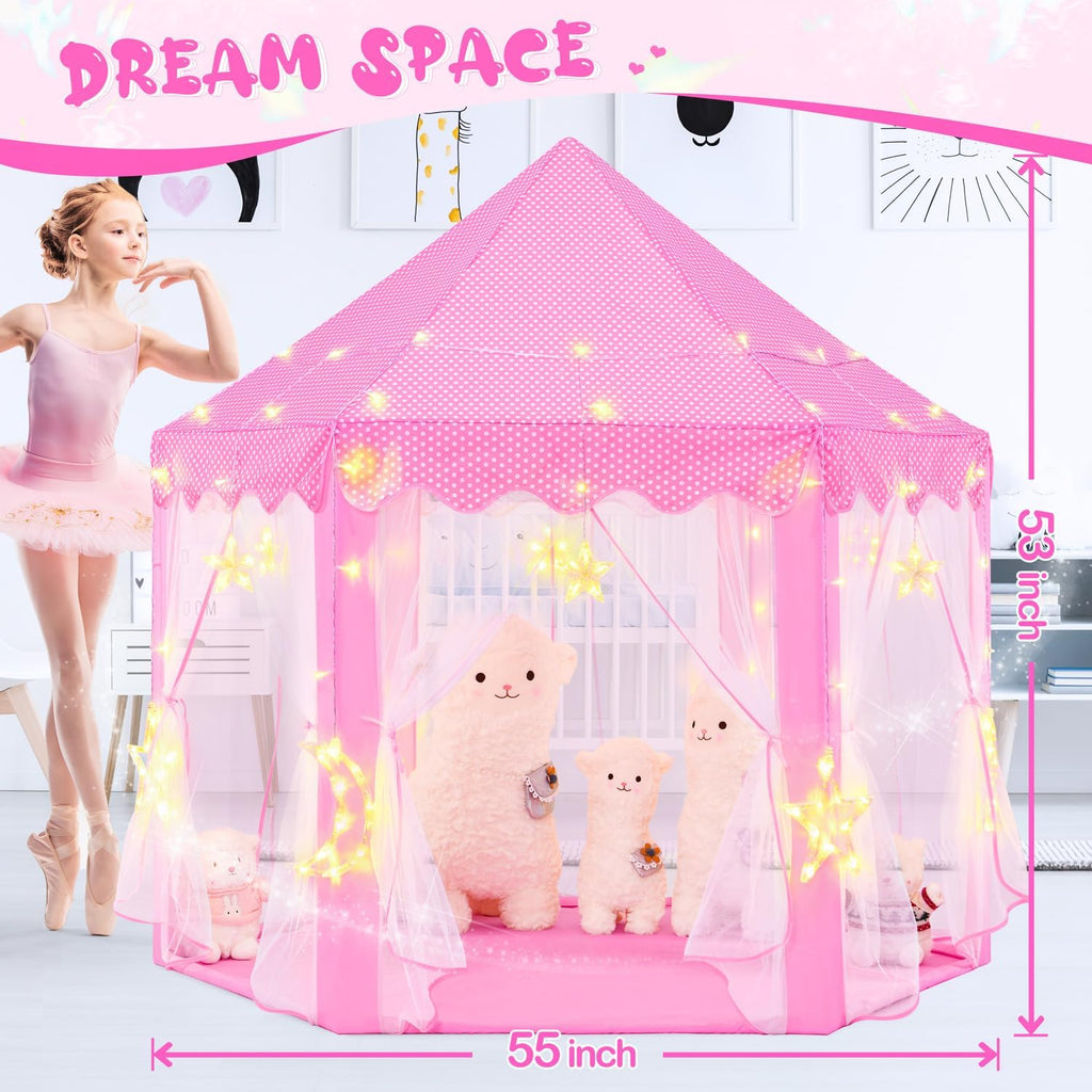 Princess Tent with Large Star Lights for Girls Age 4-7, Kids Play Tent for Girls Indoor, Castle Playhouse