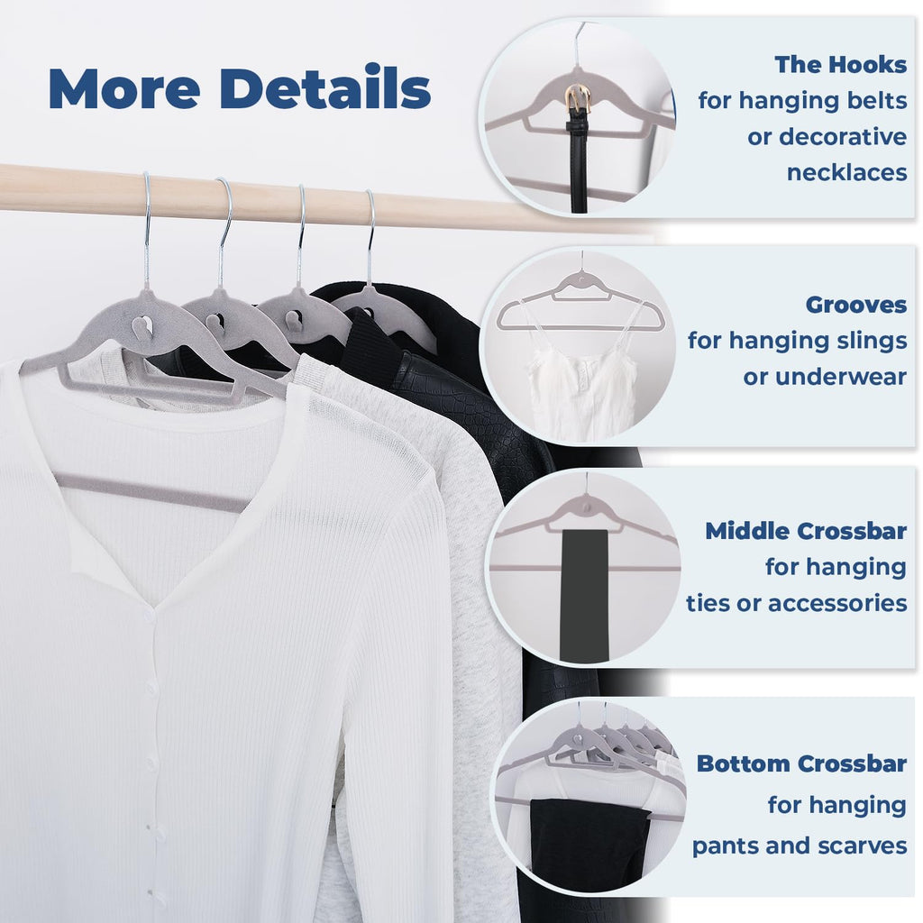 Grey Velvet Hangers, Stackable Hanger with Non Slip Felt Fabric