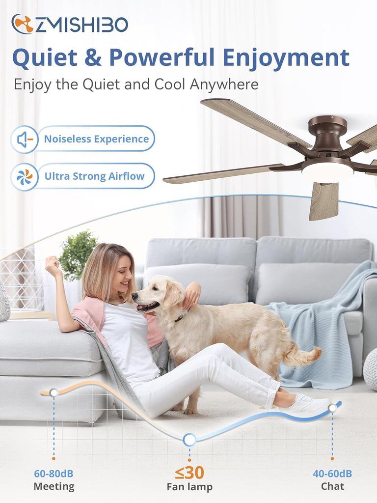 52 Inch Ceiling Fan with Light, App&Remote Control, Flush Mount Low Profile, Dimmable 20W LED Light, Quiet Reversible Motor for Bedroom, Living Room, Apartment, Brown A101-B0DPHBV4XB