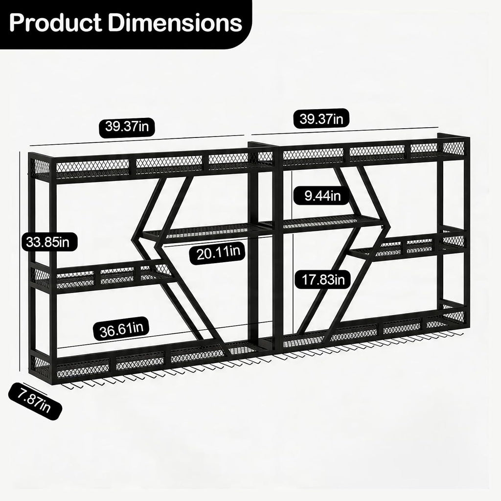 79 Inch Wine Rack Wall Mounted with LED Warm Light, 3-Tier Large Capacity Liquor Shelf with Glass Holder, Industrial
