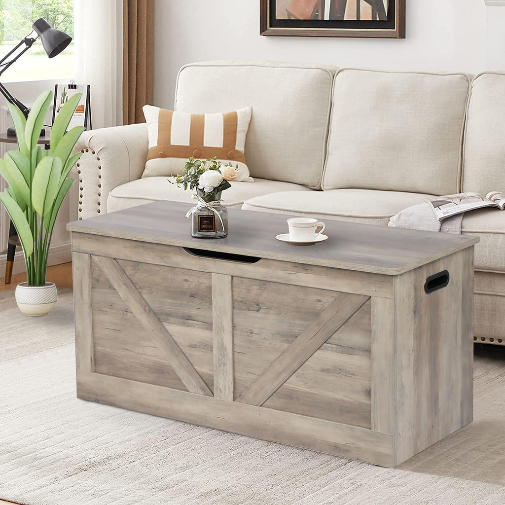 39.4" Storage Chest, Wooden Storage Bench, Large Storage Trunk | Entryway Shoes Bench with 2 Safety Hinges, Grey