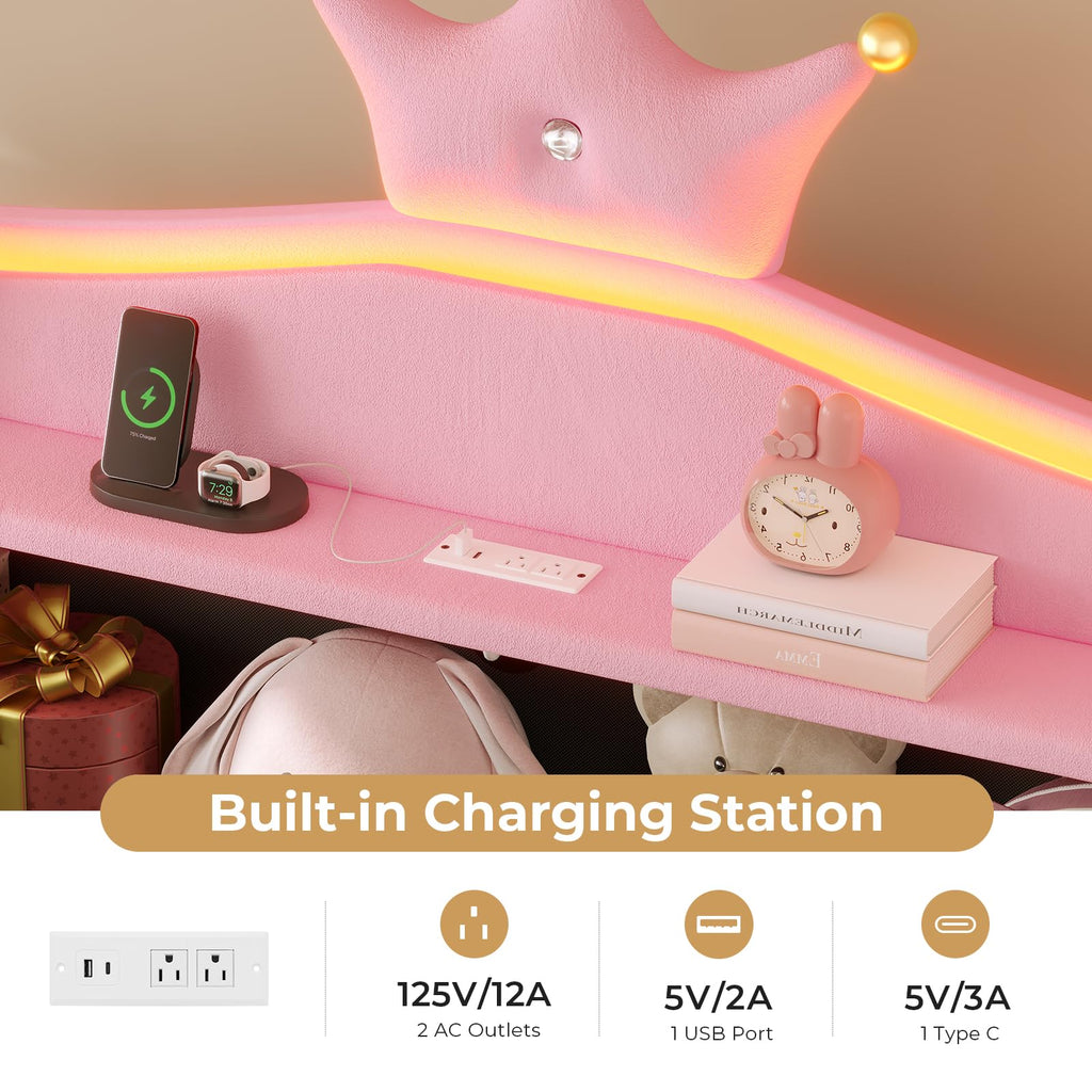 Twin LED Bed Frame with Storage Headboard & Drawer, Princess Upholstered Bed with Charging Station & Crystal Button &