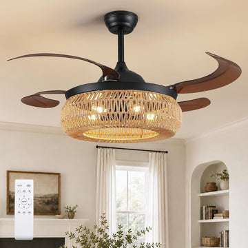 48" Retractable Boho Ceiling Fan with Lights and Remote Rustic Fandelier Bladeless Invisible Ceiling Fan Industrial