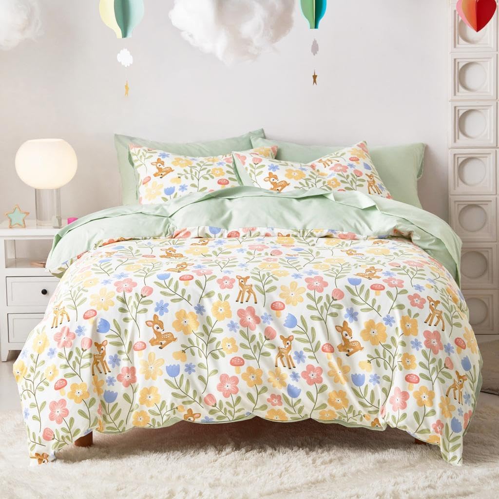 Floral Bedding Set for Girls, Cute Colorful Botanical Flowers Deers Patterned Soft Lightweight Comforter Set with Sheets, 7 Pieces Kids Bed in a Bag, Green Cream, Full Size