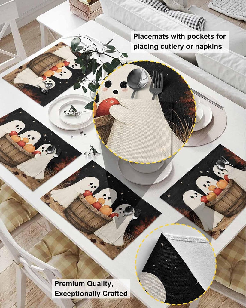 Cute Ghost Placemats Set of 6, Autumn Napkins Harvest Black Night Woven Placemat Washable Wipeable Table Placemat