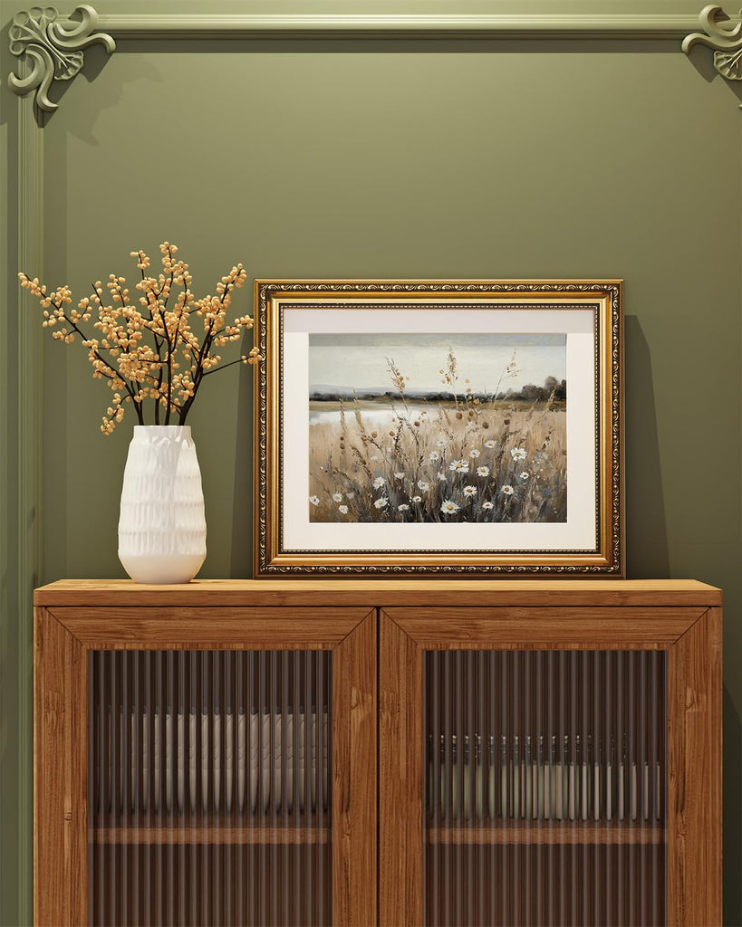 Gold Framed Canvas Wall Art, Wildflower Autumn Field Art Prints, Rustic Fall Landscape Decor Bedroom Fireplace