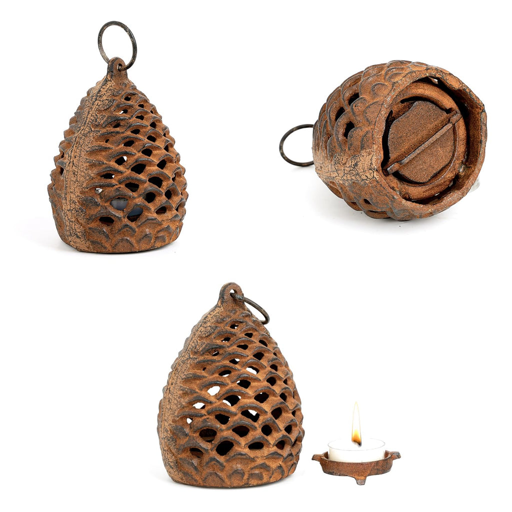 Cast Iron Lantern, Full Rust - Pinecone Hanging Candle Holder