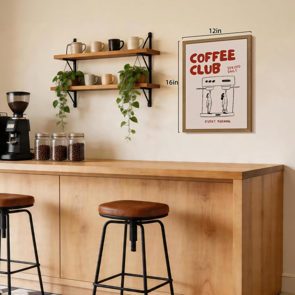 Wood Framed Funny Coffee Wall Art, Coffee Club Kitchen Wall Decor, Minimalist Line Drawing Coffee Bar Poster Print