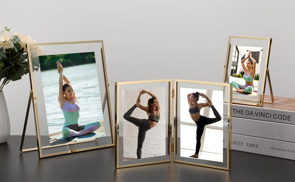 Gold 8x10'' Floating Frame Set of 2, For Photo Sizes (4x 6'', 5x7, 7x9''), Metal Frames for Tabletop/Shelf