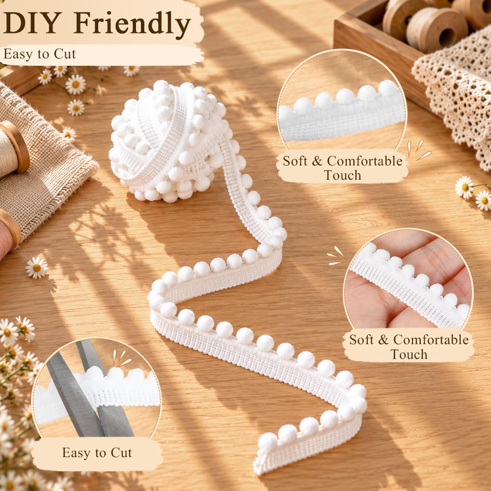 Pom Pom Trim Ribbon, 10 Yards White Pom Ball Fringe Trim for Sewing DIY