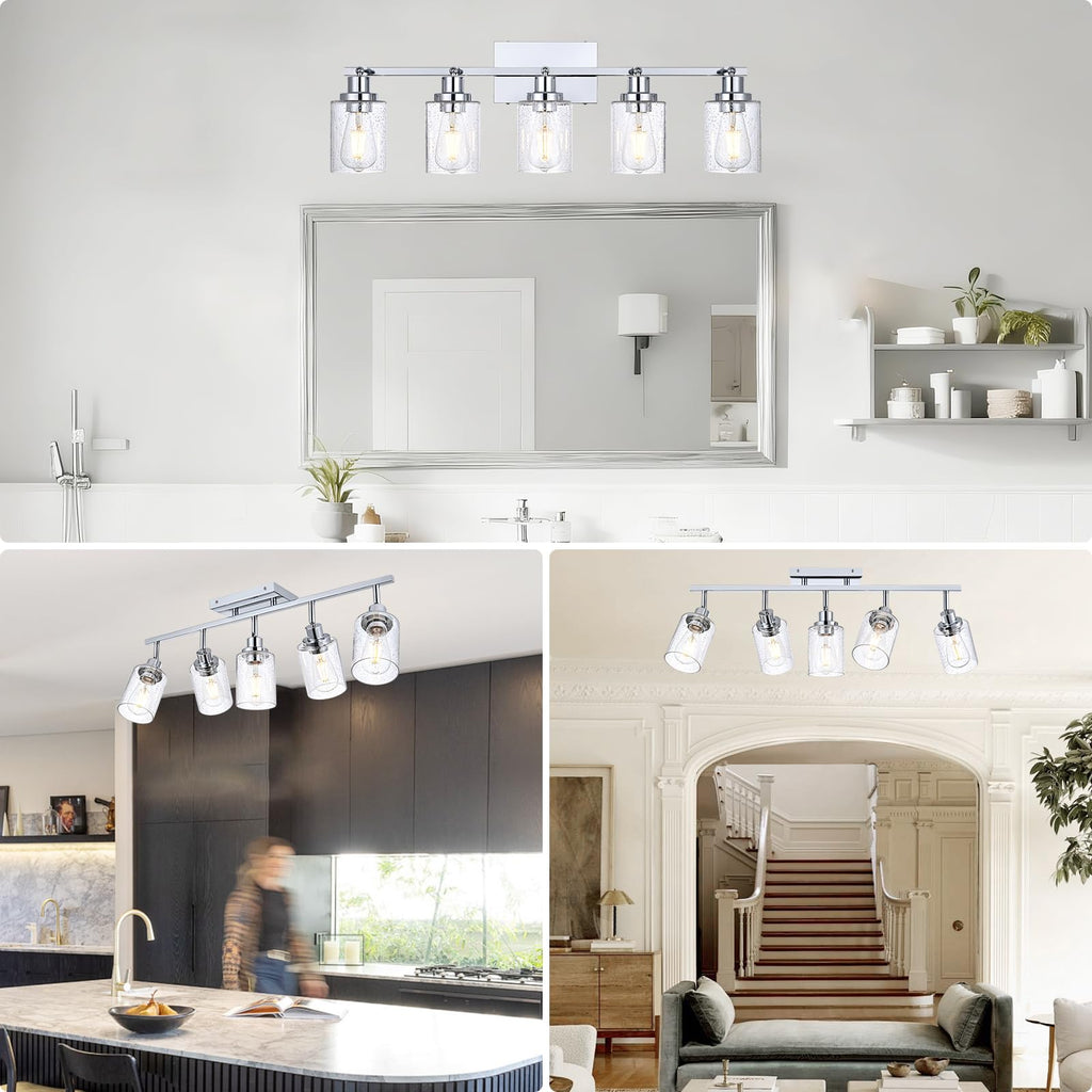 Chrome Track Light Fixture Ceiling Track Lighting Kit with Seeded Glass Track Lighting Heads Ceiling Vanity